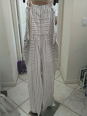 NWT PATRONS OF PEACE Striped White & Black Wide-Leg Overalls SZ. M  COTTON FAB!